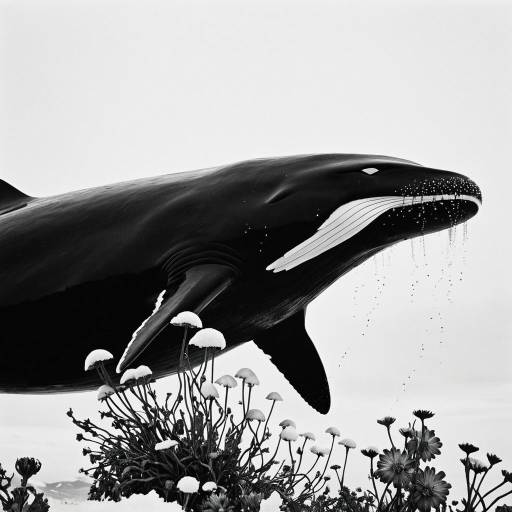 Surreal Monochrome Whale Over Flowers