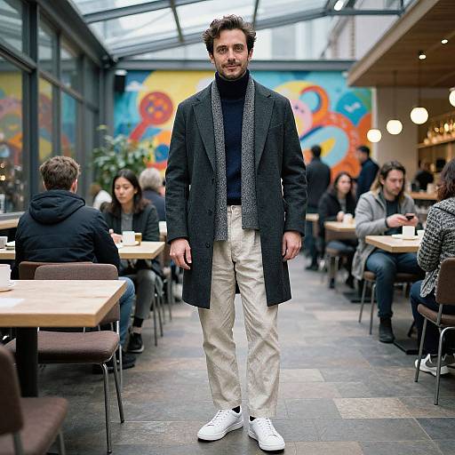 Photograph of a man with curly hair, black blazer, gray scarf, white pants, and white sneakers, standing in a modern, colorful café