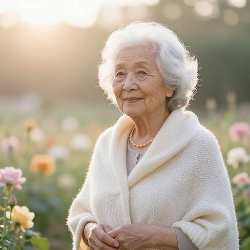 Elderly Lady in Serene Sunrise Garden