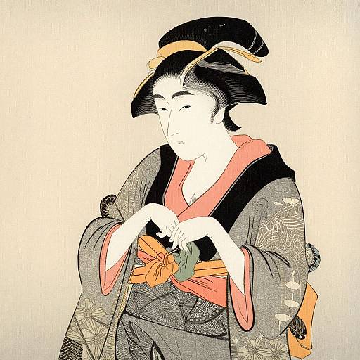 Traditional Japanese woodblock-style illustration of a serene woman in a patterned kimono, orange obi, and black hairpin, delicately folding her