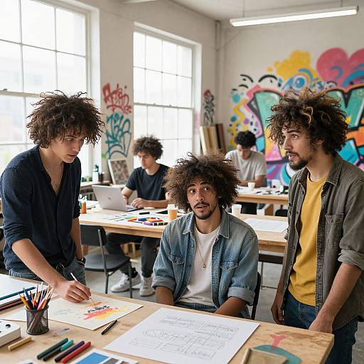Photograph of four young men with curly hair in a bright, graffiti-decorated classroom. Two stand, one writes, one sits with a paper