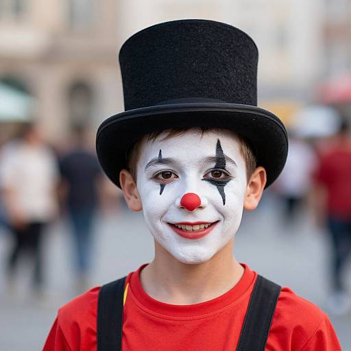 Photograph of a young boy with white face paint, black clown makeup, red nose, black top hat, red shirt, black suspenders, smiling