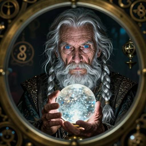 Photograph of an elderly man with a long white beard, blue eyes, and braided hair, holding a glowing orb, framed by a circular,