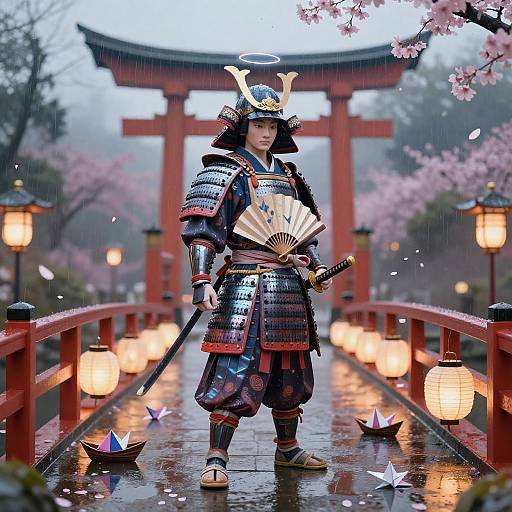Vibrant Samurai Koi Guardian in Neon Shrine