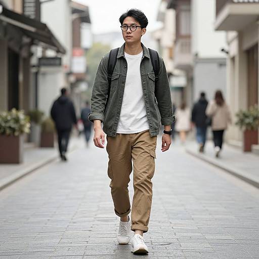 Photograph of an Asian man with black hair and glasses, wearing a black denim jacket, white t-shirt, brown pants, and white sneakers, walking