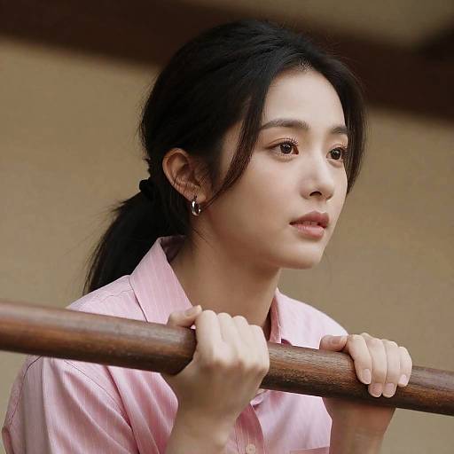 Focused Asian Woman in Pink Stripes