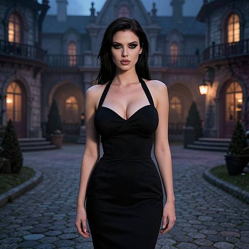 Photograph of a stunning woman with long black hair, wearing a tight black halter dress, standing in front of a grand, dimly-lit