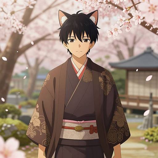 Anime-style drawing of a black-haired boy with cat ears wearing a dark brown kimono with floral patterns, standing in a cherry blossom garden. Pink petals