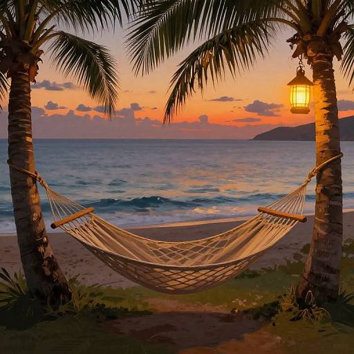 Photograph of a beach sunset: a hammock between two palm trees, glowing lantern, orange and purple sky, calm ocean waves.