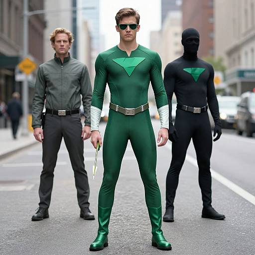 Photograph of three superheroes in a city street: center wears green tight suit with black mask, white cuffs, and boots; left in gray shirt and