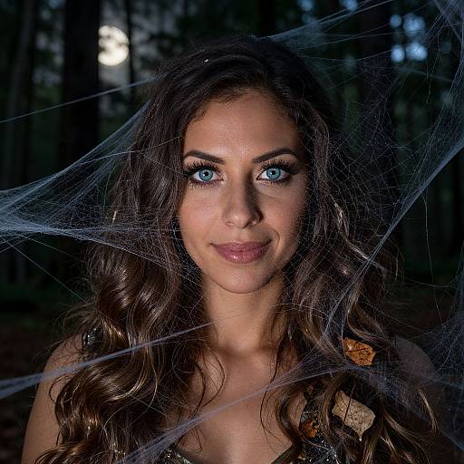 Photograph of a woman with striking blue eyes, long wavy brown hair, and a subtle smile, framed by a spiderweb in a dark forest