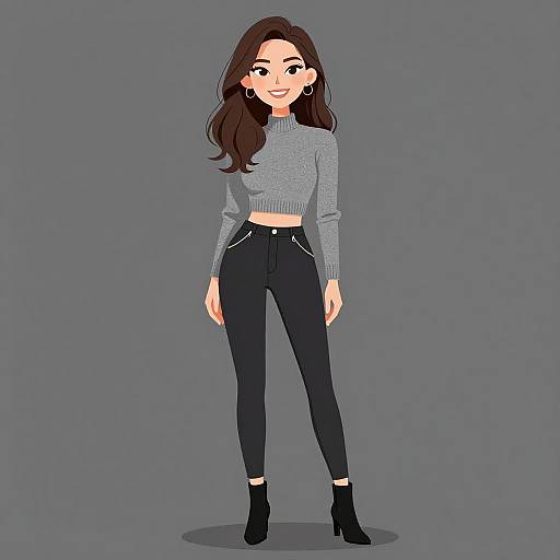 Digital drawing of a smiling woman with long brown hair, wearing a gray crop sweater, black high-waisted pants, and black ankle boots, standing