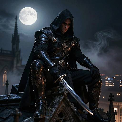 Dark knight in glossy black armor, hood up, holding sword under full moon, misty gothic cityscape background, dramatic, fantasy, CGI art