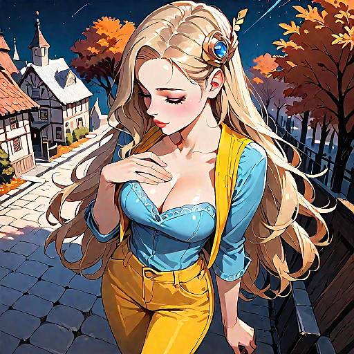 Digital anime-style illustration of a blonde woman with long hair, blue top, yellow pants, and yellow suspenders, walking on a cobblestone street