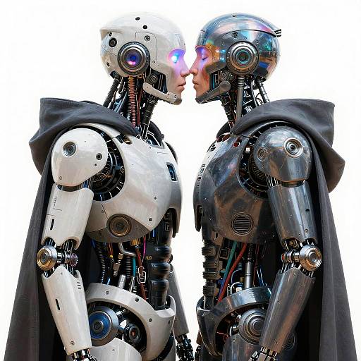 Digital artwork of two robotic figures, one white and one silver, kissing with glowing blue eyes, wearing black capes, against a white background.