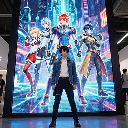Photograph of a young man in casual clothes standing in front of a large digital screen displaying anime characters in vibrant, neon-lit cityscape.