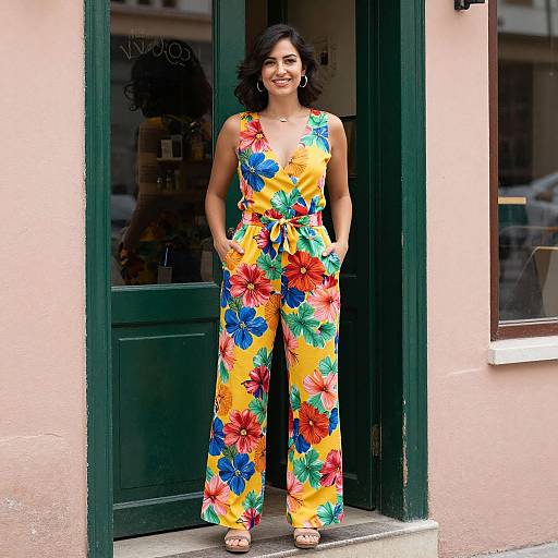 Photograph of a smiling woman with medium brown skin and black wavy hair, wearing a vibrant yellow floral jumpsuit, standing in front of a green