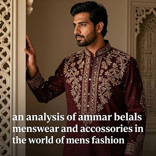 Photograph of a bearded South Asian man with dark hair, wearing an ornate, embroidered, dark brown traditional sherwani, standing by a