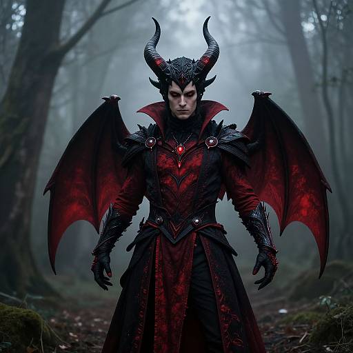 Digital artwork of a stern, horned demon with red and black armor, wings, and a forest background in misty, eerie light.