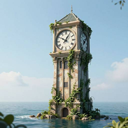 Photorealistic digital illustration of a tall, weathered clock tower with ivy, standing in calm ocean water under a clear blue sky.