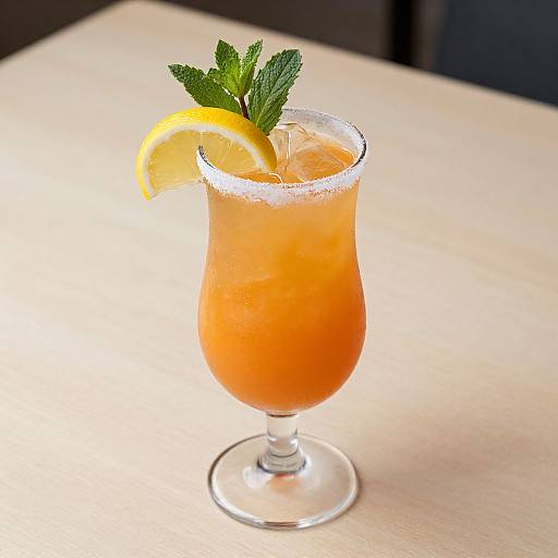 Photograph of a vibrant orange cocktail in a curved glass with a salted rim, garnished with a lemon slice and fresh mint, on a light