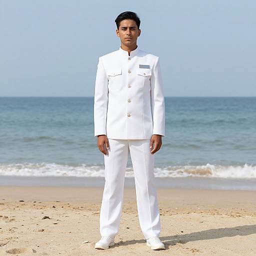 Photograph of a young South Asian man in a crisp white naval uniform standing on a sandy beach with calm ocean waves in the background.