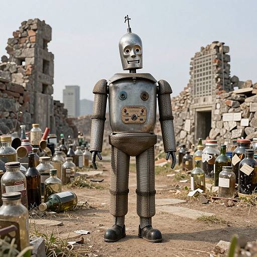 Photograph of a silver, retro-style robot with a smiling face, standing amidst a rubble-strewn, abandoned lot filled with scattered bottles.