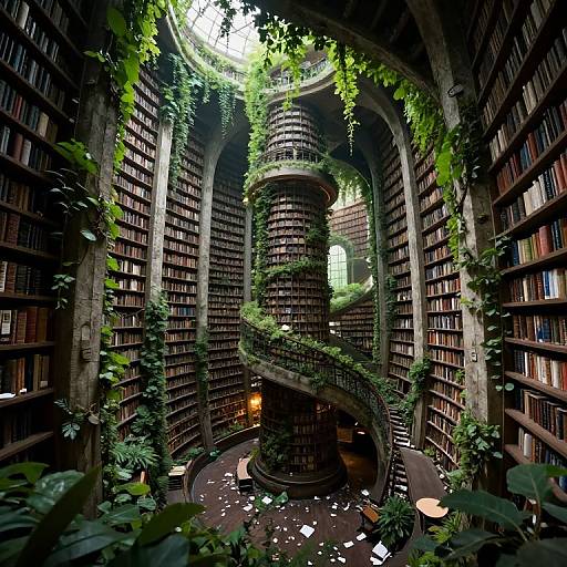 Photograph of a lush, towering library with spiral staircase of books, vines, and greenery, illuminated by natural light from skylight.