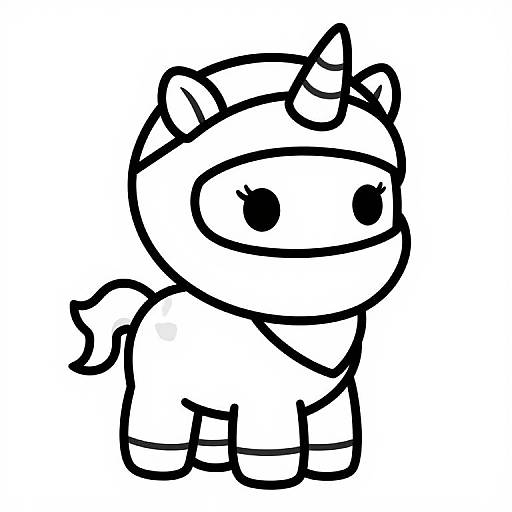 Black and white line drawing of a cute, cartoon-style unicorn with a small horn, big eyes, and a simple smile.