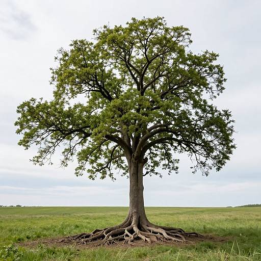 Photograph of a large, solitary oak tree with sprawling roots, green leaves, and a white cloudy sky backdrop in a grassy field.
