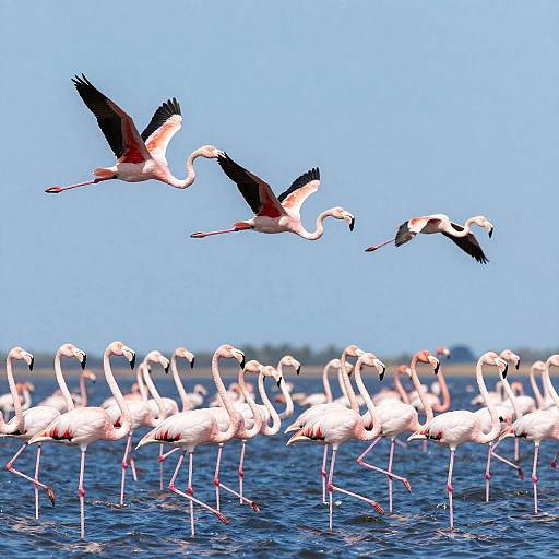 Photograph of a group of pink flamingos with black-tipped wings flying over a lake, with more flamingos standing in the water below, set