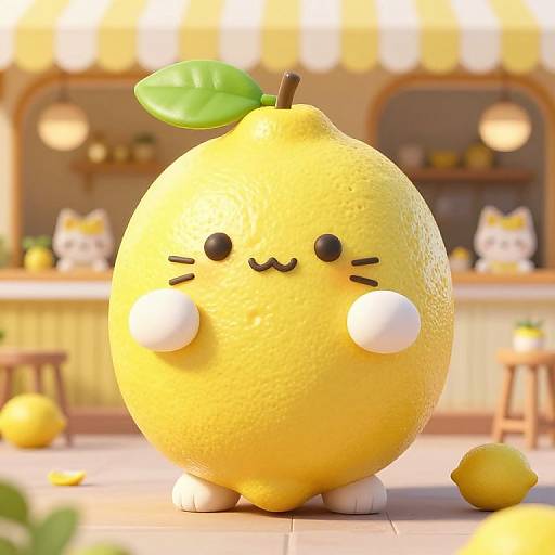 Cute CGI lemon character with a happy face, white paws, and green leaf, standing in a bright, lemon-themed cafe.