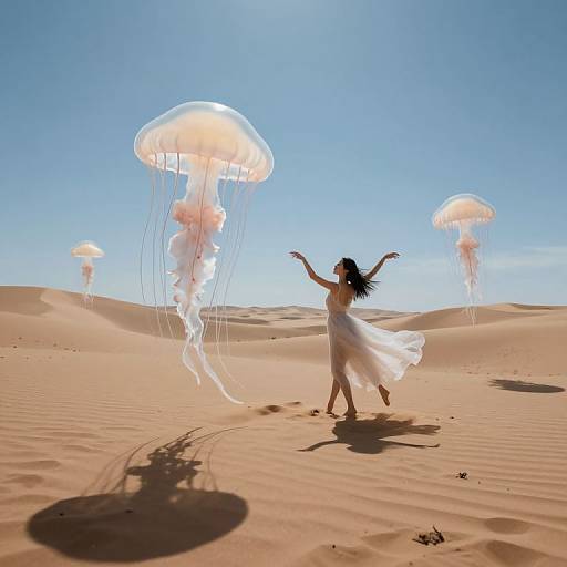 Photograph of a woman in a flowing white dress dancing in a desert with three glowing, translucent jellyfish floating above her.