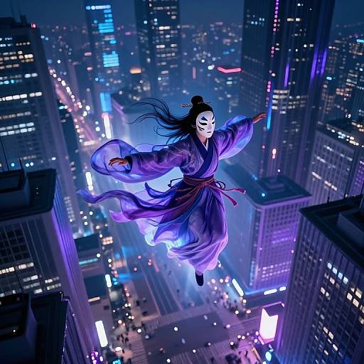 Digital illustration of a ghostly woman in a flowing purple kimono with a white mask, soaring above a neon-lit, futuristic cityscape at night
