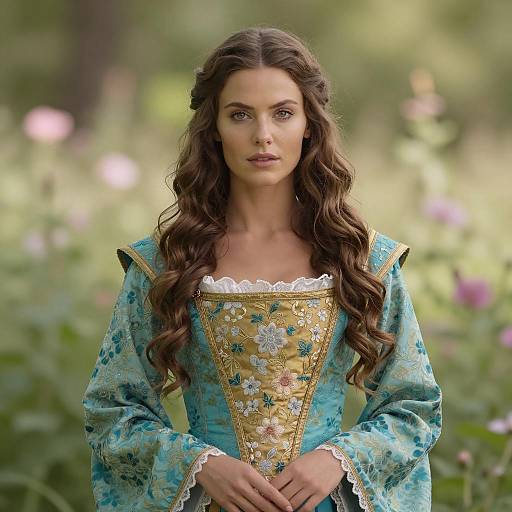 Woman in Medieval Turquoise and Gold Dress