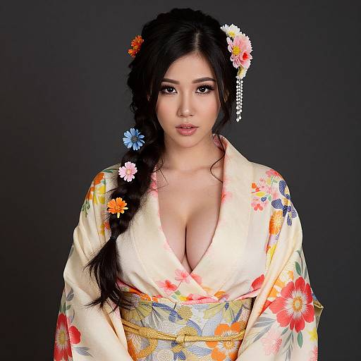 Photograph of an East Asian woman with long black hair in a braid, wearing a floral kimono with a deep neckline, adorned with colorful flowers