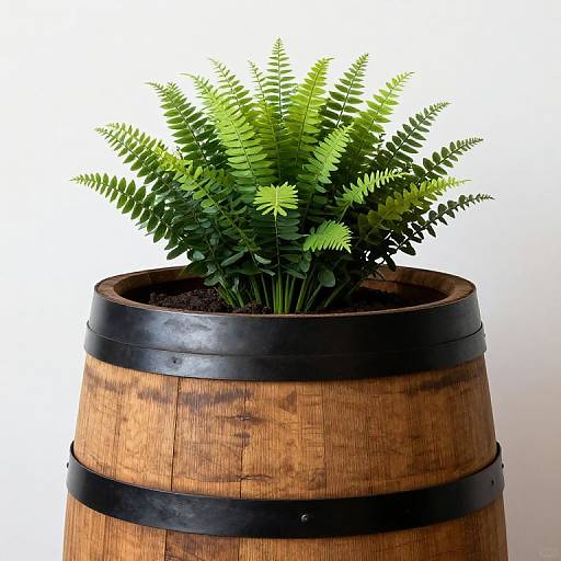 Rustic Whiskey Barrel with Green Foliage