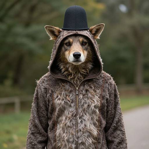 Photograph of a realistic wolf costume with a black top hat, standing in a forest, featuring detailed fur texture and zipper.