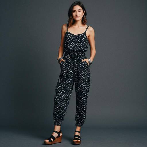 Woman in Black Patterned Jumpsuit with Platform Sandals