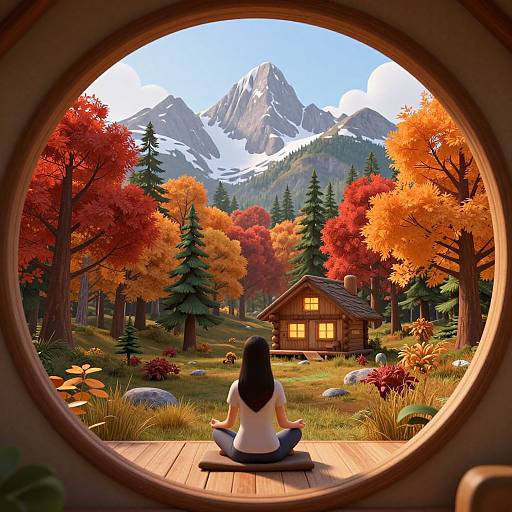 Digital painting: Woman with black hair sits cross-legged in wooden cabin, viewing vibrant autumn forest and snow-capped mountains through round window.