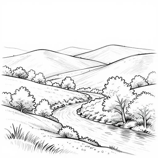 Black and white ink drawing of rolling hills with dense trees, gentle slopes, and a winding path through the landscape.