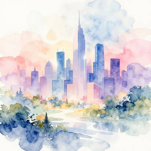 Watercolor AI Futuristic Cityscape