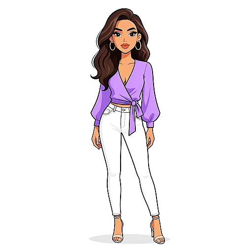Stylish woman in lavender wrap top and white jeans