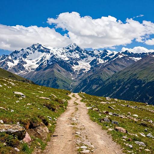 Photograph of a dirt path leading through grassy mountains, ending in a backdrop of snow-capped peaks under a bright blue sky with white clouds.