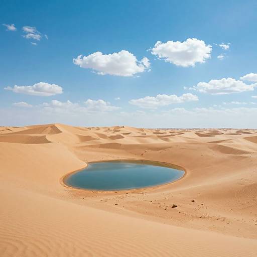 Photograph of a serene desert oasis with a small blue waterhole, surrounded by golden sand dunes under a bright blue sky with scattered white clouds.