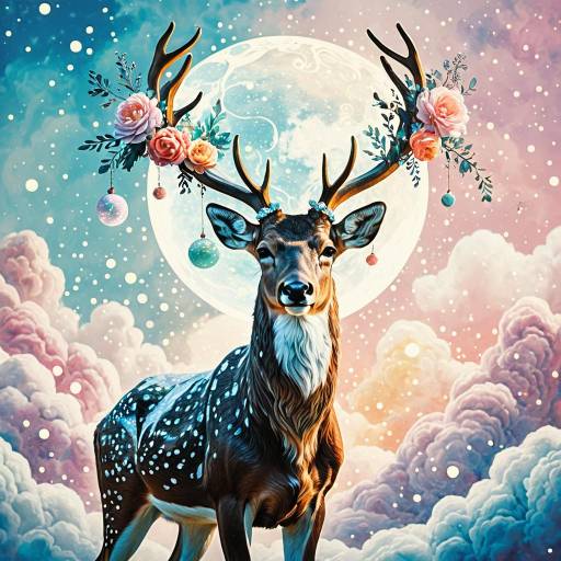 Surreal Deer with Floral Antlers and Dreamscape Background