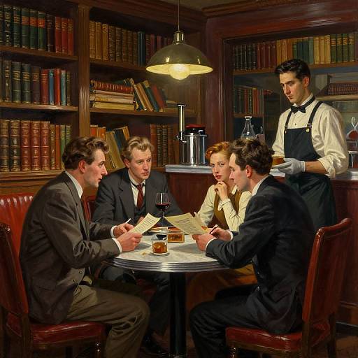Vintage-style photograph of five men in suits, discussing papers around a wooden table in a dimly lit, bookshelf-lined café, with a waiter standing