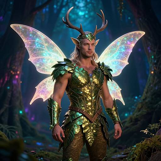 Photorealistic CGI of a muscular, elf-like man with glowing butterfly wings, antlers, and golden armor in a mystical forest.