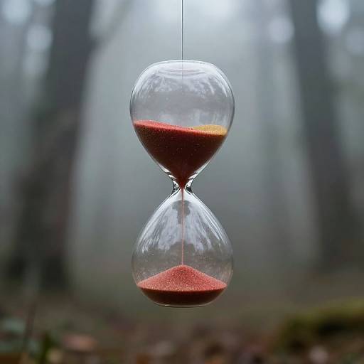 Photograph of a glass hourglass with red sand, hanging against a misty, foggy forest background, with blurred tree trunks.