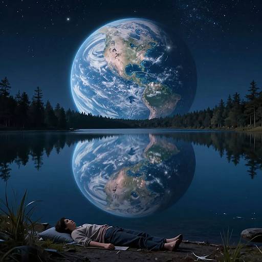 Photograph-like digital art: Man lies on forest lake shore, gazing at massive, illuminated Earth reflected in still water, under starry night sky